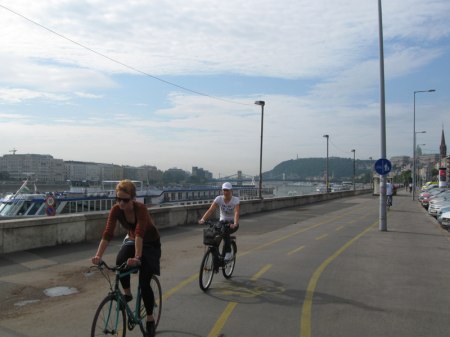 "Wymalowana" ścieżka rowerowa na bulwarze wzdłuż Dunaju.