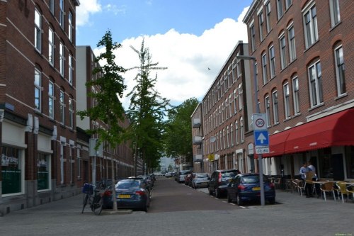 Rotterdam. Przykład ulicy w strefie „tempo 30”. Wjazd do strefy oznaczony jest nie tylko znakiem, ale również zachowaniem ciągłości nawierzchni i wysokości chodnika.